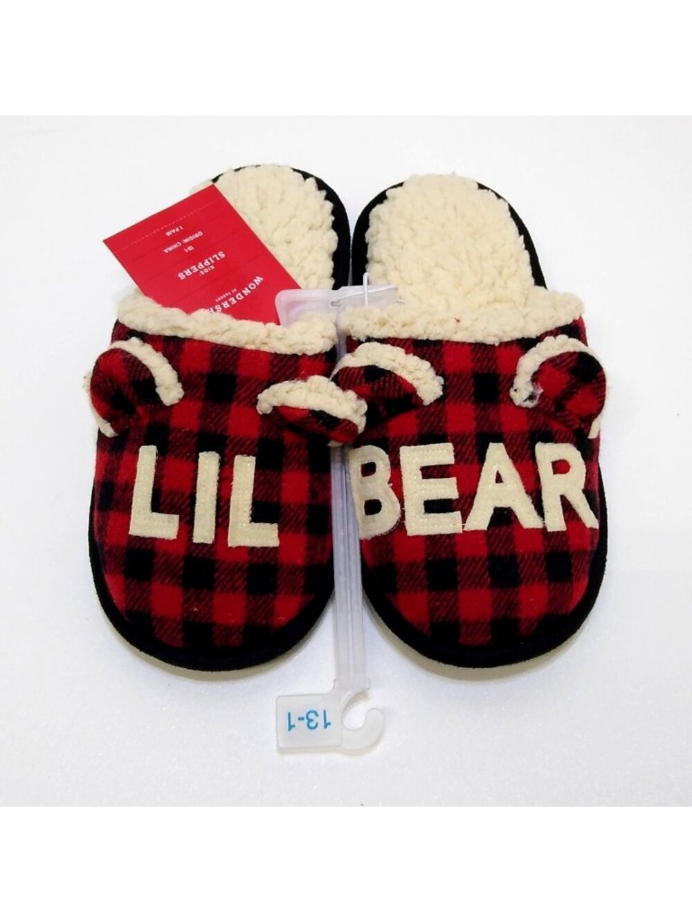 Wondershop Kids Lil Bear Slippers Size 13-1 Red & Black Plaid Faux Fur Lining